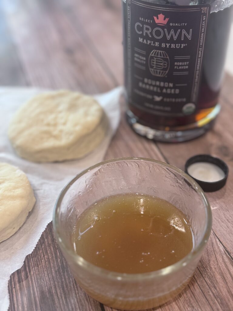 Maple Butter made by whisking 3 tablespoons of salted butter with 2 tablespoons of maple syrup