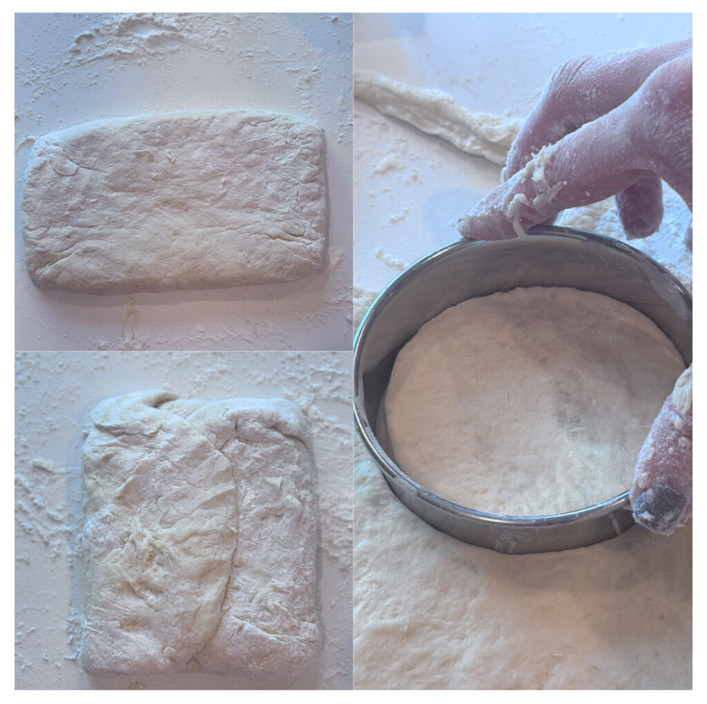 Turn the dough onto a lightly floured surface and lightly dust with flour. With floured hands, pat the dough into a 1/2-inch thick 11 x 6-inch rectangle. Fold the ends of the rectangle toward the center, one end on top of the other, to create a trifold. Dust lightly with flour, press out to the same size rectangle again, and repeat the folding. Repeat the process a third time. 

After the third folding, pat the dough to a 1/2-inch thickness and cut out the biscuits using a floured 3 1/2-inch biscuit cutter. Be careful to press straight down and do not twist the cutter.