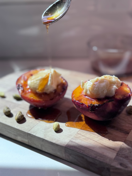 Grilled Peaches with Whipped Ricotta and Spicy Honey