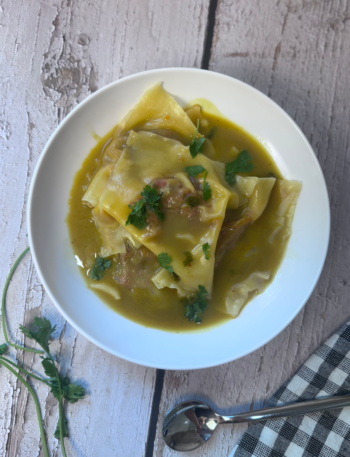 Coconut Curry Wonton Soup with Ginger and Veggies