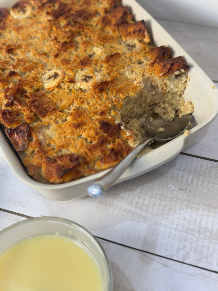 Banana White Chocolate Bread Pudding with Salted White Chocolate Sauce