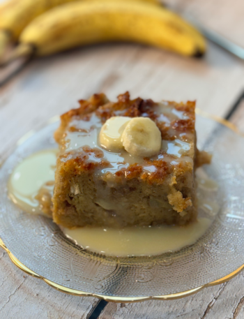 White Chocolate Banana Bread Pudding with Salted White Chocolate Sauce